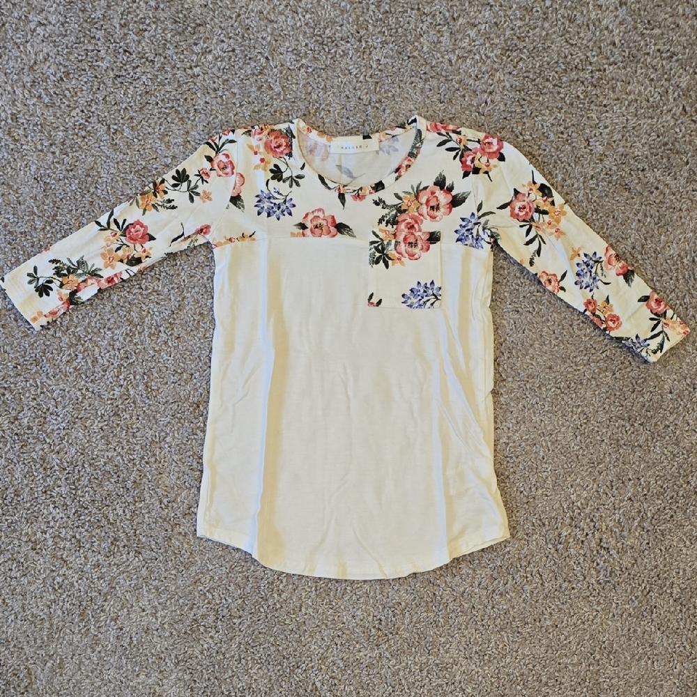Reborn J Floral Quarter Sleeve Kids Tee - Cream and Pink